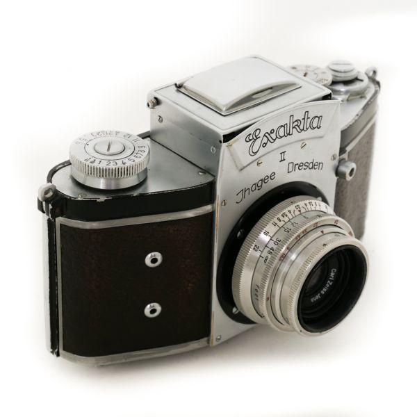 Exakta II Gehäuse Sn.663231 2. Version mit Zeiss Jena T 50mm/3,5 chrom Sn 3680239 serviciert, Tasche – Bild 2