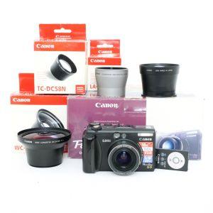 Canon Powershot G5, Digitalkamera, mit Canon LA-DC58B Vorsatzlinsenadapter, Canon WC-DC58N Weitwinkelvorsatz, Canon TC-DC58N Televorsatz, OVP