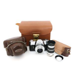 Voigtländer Ultramatic CS Gehäuse (Aufzug defekt), mit Skoparex 35mm/3,4 Sonnenblende + Super Dynarex 135mm/4 Sonnenblende, Tasche