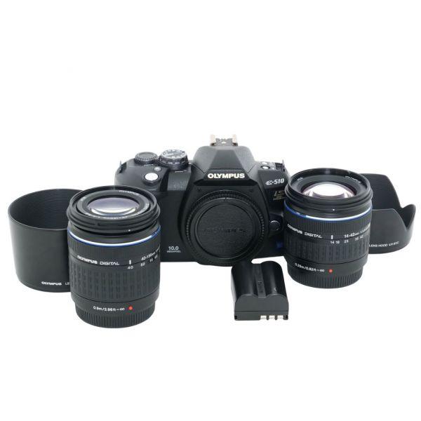 Olympus E-510 Gehäuse (1595 Auslösungen) 2. Akku, Olympus 14-42mm/3,5-5,6 ED, Sonnenblende + Olympus 40-150mm/4-5,6 ED, Sonnenblende