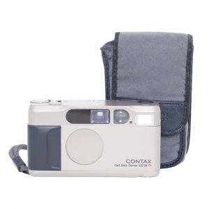 Contax T2, Kompaktkamera mit Carl Zeiss Sonnar 38mm/2,8 T* (ohne Blitzzuschaltung volle Funktion, mit Blitz nach mehreren Aufnahmen hintereinander Systemfehler), Datenrückwand, Tasche