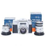 Agfa Ambiflex (Aufzug Defekt) Set mit Agfa Color Solagon 55mm/2 (Frontring mit Typbezeichnung fehlt), Color Ambion 35mm/3,4 mit OVP, Color Telinear 135mm/4 mit OVP, inkl. 20% MwSt.