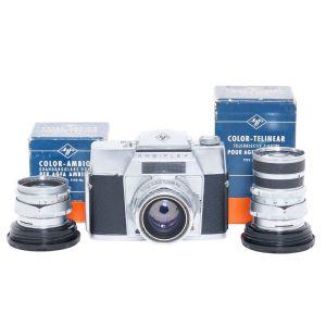 Agfa Ambiflex (Aufzug Defekt) Set mit Agfa Color Solagon 55mm/2 (Frontring mit Typbezeichnung fehlt), Color Ambion 35mm/3,4 mit OVP, Color Telinear 135mm/4 mit OVP, inkl. 20% MwSt.