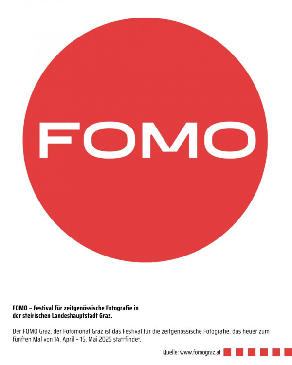Nur noch wenige Tage findet in Graz das FOMO Festival statt.
Der Fotomonat ist ein Festival for zeitgenössische Fotografie und findet dieses Jahr noch bis zum 15. Mai statt. An verschiedenen Plätzen in der Stadt werden eine Vielzahl an Werken ausgestellt.fomograz25