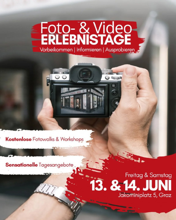 📸 Foto- & Videoerlebnistage bei Digital Camera Graz!
Am 13. & 14. Juni wird der Jakominiplatz zum Hotspot für alle Foto- und Videobegeisterten!Dich erwarten sensationelle Angebote, kostenlose Fotowalks und Workshops – und natürlich jede Menge Kameras und Equipment zum Anfassen und Ausprobieren. Ob Einsteiger*in oder Profi – hier kommst du garantiert auf deine Kosten.

Vorbeikommen, informieren, ausprobieren!
Wir freuen uns auf dich!

📍 Jakominiplatz 5, Graz
🕘 Fr: 9:00–18:00 | Sa: 9:00–13:00

digitalcameragraz fotografieerleben grazfotografiert