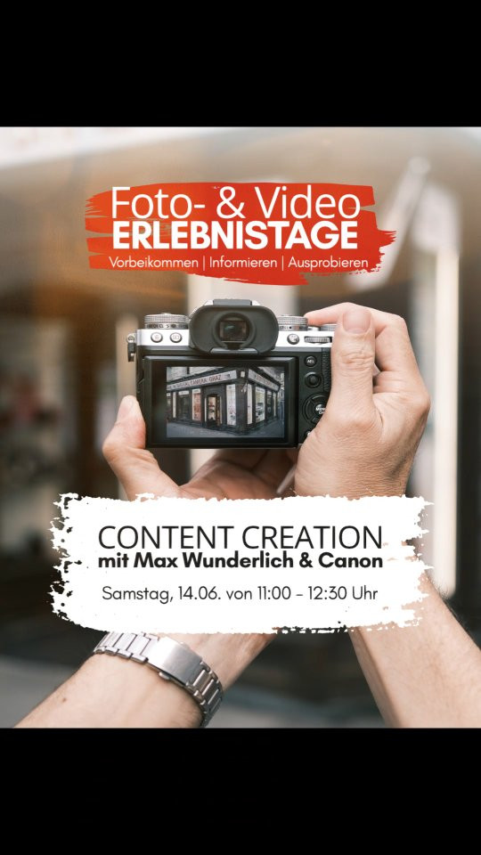 🎬 Canon Content Creation – mit max.wndrlchVideos, die fesseln. Stories, die bleiben.
Im Rahmen der Foto- & Videoerlebnistage zeigt dir Max Wunderlich, wie du deine Videoprojekte gezielt auf das nächste Level bringst – mit dem Canon System als kreativem Werkzeug.

In seinem Vortrag geht es um mehr als nur Technik:
▶️ Wie baue ich eine gute Story auf?
▶️ Wie nutze ich Perspektiven gezielt für Emotionen?
▶️ Wie arbeite ich mit natürlichem Licht statt gegen es?

Max teilt seine besten Tipps & Tricks für Content, der wirklich Eindruck hinterlässt – egal ob für Social Media, YouTube oder persönliche Projekte. Verständlich, praxisnah und sofort umsetzbar.

📍 Samstag, 14.06. von 11:00 - 12:30 Uhr
Die Teilnahme ist kostenlos und es sind nur begrenzt Plätze verfügbar. Melde dich unter officedigitalcameragraz.at an, um teilzunehmen!