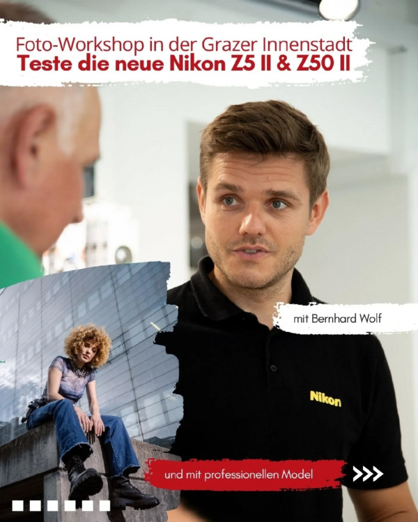 Foto-Workshop in der Grazer Innenstadt – Teste die neue Nikon Z5 II & Z50 II mit bernhardwolfEntdecke die kreative Welt der Available-Light-Fotografie im urbanen Ambiente! In diesem exklusiven Workshop in der malerischen Grazer Innenstadt arbeitest du mit einem professionellen Model und lernst, wie du natürliche Lichtverhältnisse optimal für beeindruckende Porträts nutzt.

Highlights:
• Fotografieren mit der neuen Nikon Z5 II und Z50 II
• Passende Nikon Z-Objektive zum Testen vor Ort
• Tipps zum Arbeiten mit verfügbaren Tageslicht

Nutze diese Gelegenheit, die neuesten Nikon-Systemkameras in realen Settings zu testen und dein fotografisches Können gezielt weiterzuentwickeln!

Melde dich an und komm am Samstag von 9:30 bis 11:45 Uhr vorbei!
Mehr Infos unter www.digitalcameragraz.at