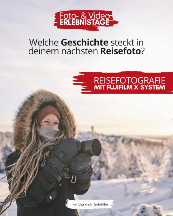 Storytelling und Reisefotografie mit dem Fujifilm X- und GFX-System
Tauche ein in die faszinierende Welt der visuellen Geschichten – gemeinsam mit lisa_kristin_photography - Fujifilm-Ambassadorin, Weltreisende und Berufsfotografin. In ihrem inspirierenden Vortrag nimmt sie dich mit auf eine Reise durch spannende Bildwelten: von packender Reisefotografie mit dem handlichen Fujifilm X-System bis hin zu beeindruckendem Storytelling mit dem GFX Mittelformatsystem.Ob auf Weltreise oder am ältesten Bauernmarkt von Graz – erlebe hautnah, wie aus Momenten echte Bildergeschichten entstehen und wie Fotografie Emotionen und Tiefe transportieren kann. Egal ob Einsteiger*in oder Profi – hier bekommst du praxisnahes Know-how, kreative Impulse und die Möglichkeit, vor Ort Leihgeräte zu testen.

Lass dich vom Fujifilm X- und GFX-System inspirieren und entdecke, was fotografisches Erzählen wirklich bedeutet.

Reisefotografie am Freitag und Storytelling am Samstag!

📷 Weitere Infos folgen demnächst auf:
www.digitalcameragraz.at